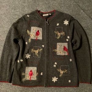 Croft & Barrow Women’s XL Cardigan Sweater Grey Zipper Front Cardinal Pinecones